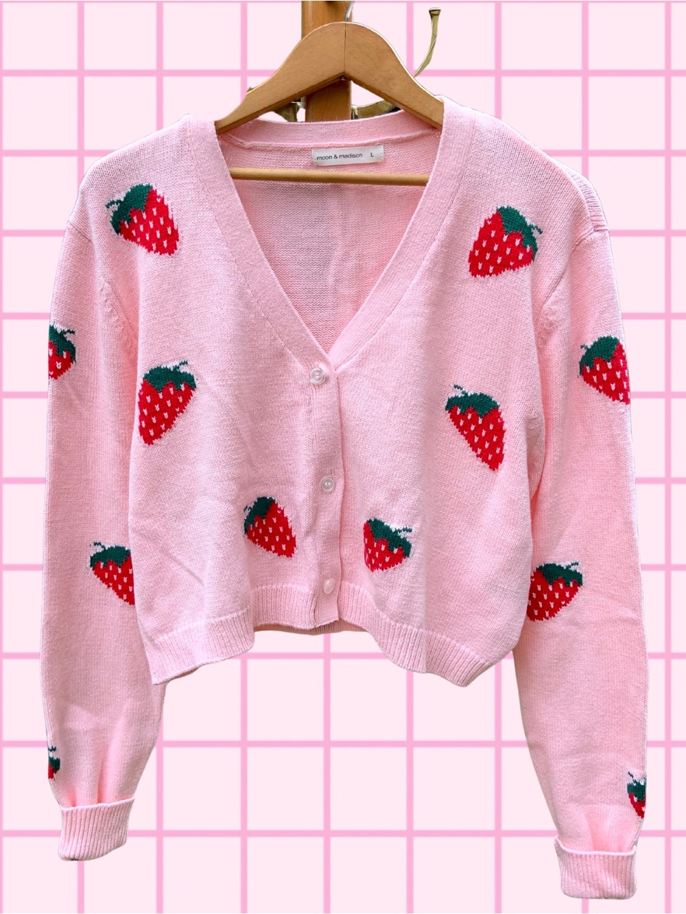 Moon & Madison Pink Strawberry Knit Cardigan Sweater - Size L